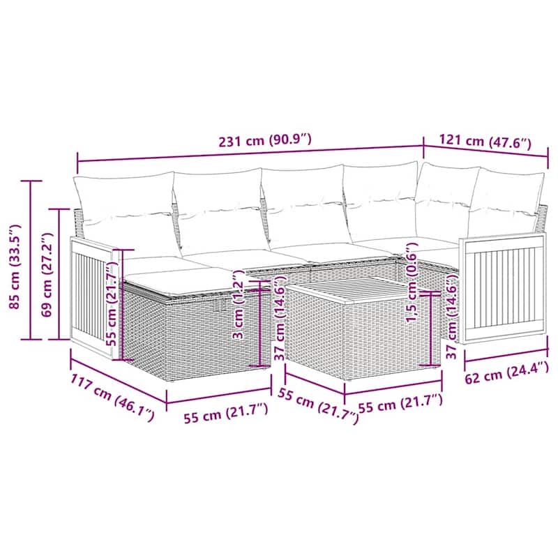 vidaXL Patio Sofa Set with Cushions Outdoor Conversation Furniture Poly Rattan