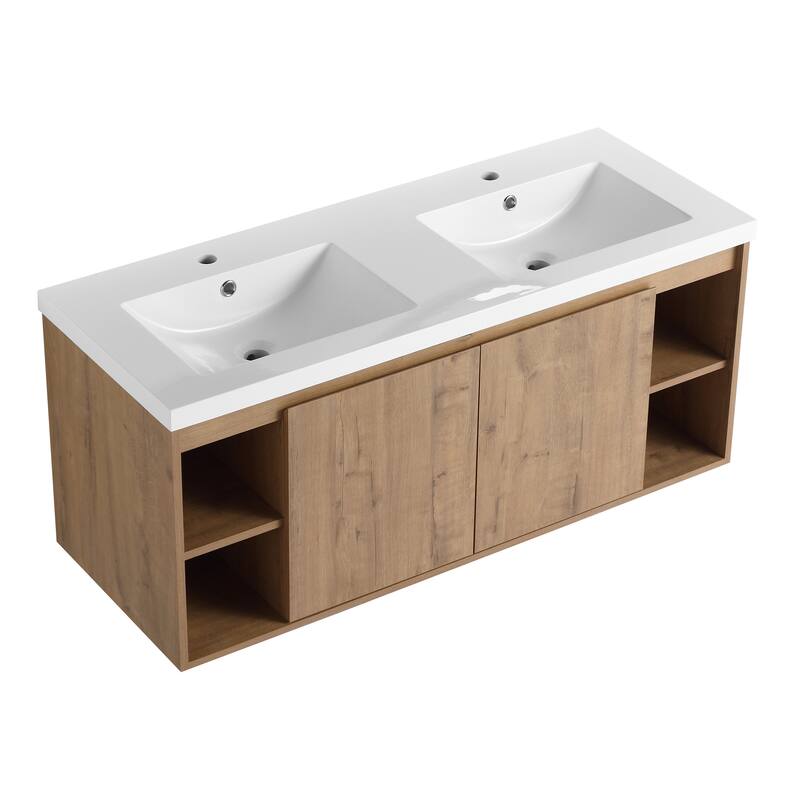 GDFStudio - Landon Modern 48 Inch Wall-Mounted Bathroom Vanity with Double Resin Sink and Soft-Close Doors - 48 inch