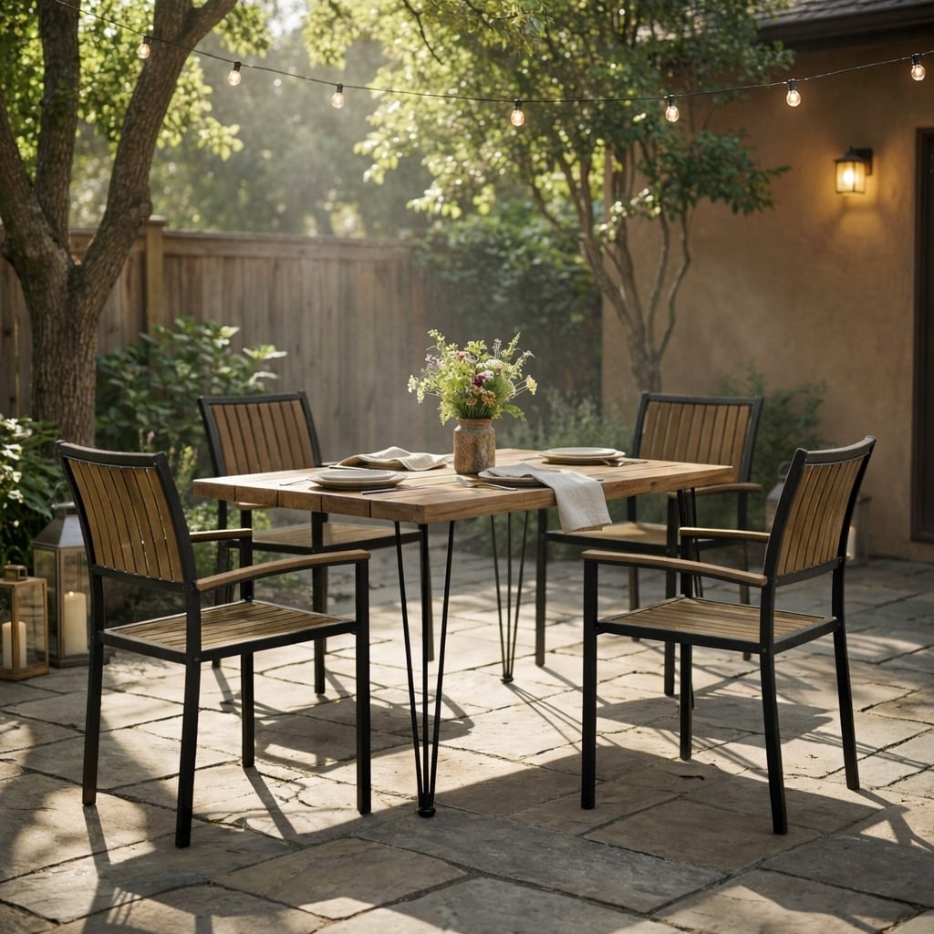 Christopher Knight Home - Acacia Wood 5-Piece Outdoor Dining Set with Square Slatted Table and Metal Frame Chairs