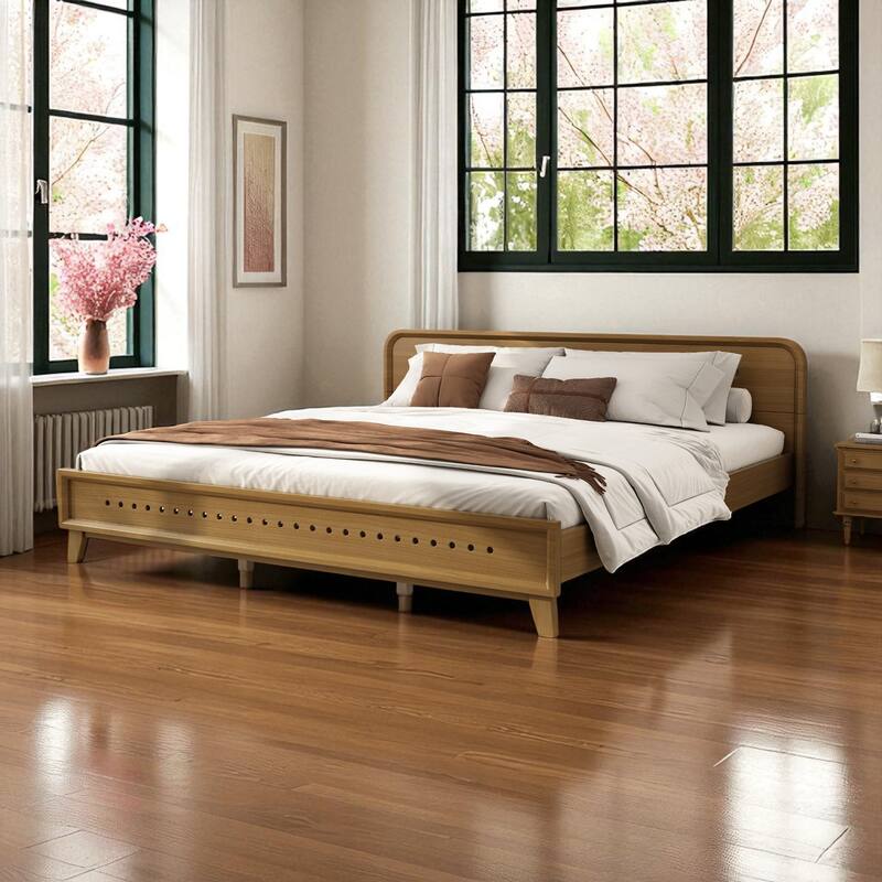 Queen/King Size Bed with Solid Pine Wood Frame, No Box Spring, Stable, Elegant Headboard - Rustic Yellow - King