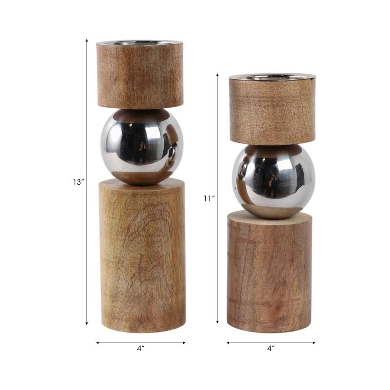 Candle Holders Set of 2 - Tan Wood Iron Sphere, 11/13" - 13.0"