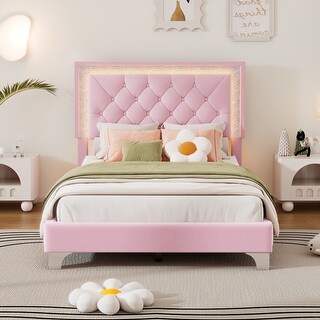 Twin Size Upholstered Platform Bed with LED Lights for Kids, Pink