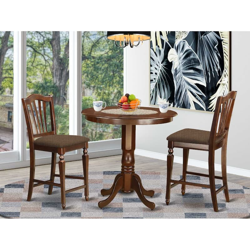 Kitchen Dinette Set - 3 Piece Table & Chair Set - Round Pedestal Table - Dark Mahogany Finish