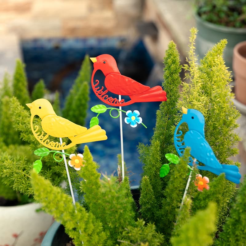 Glitzhome Set of 3 Metal Spring Garden Butterfly Birds Yard Stakes