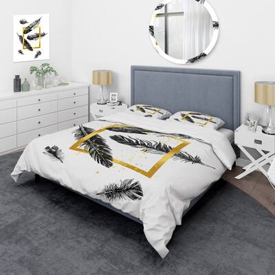 Designart 'Golden Frame and Feathers' Bohemian & Eclectic Duvet Cover Set