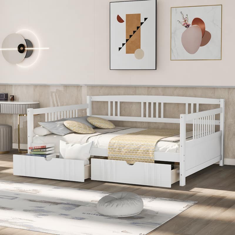 Full Size Wooden Daybed with 2 Drawers, Safety Guardrails & Slat Support - White