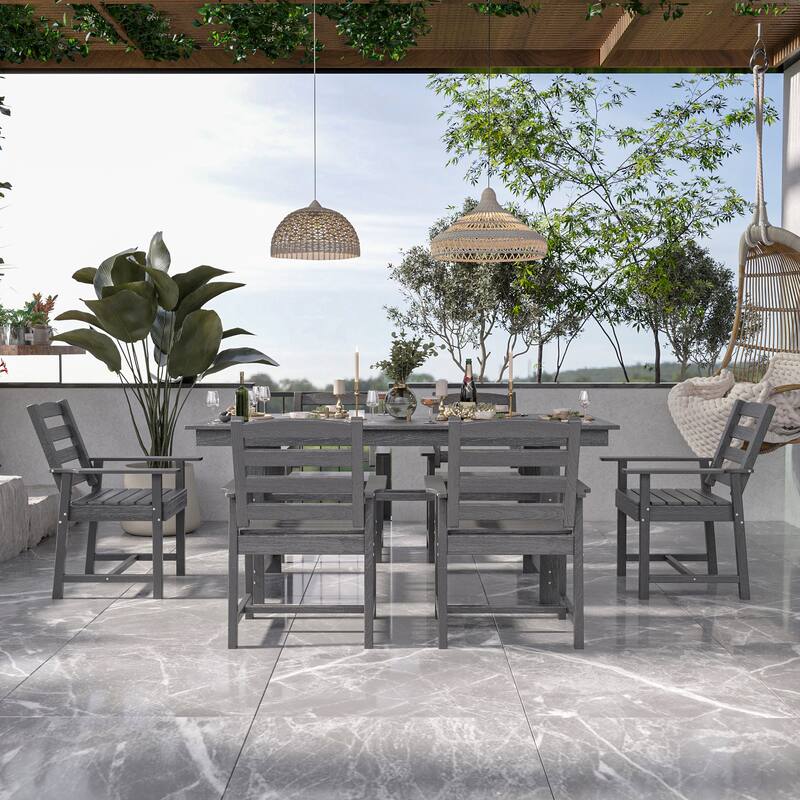 Outdoor Dining Table and Chair Set: HDPE Material, Wood - Grain Design