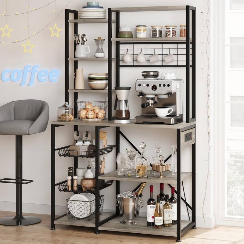 Bakers Rack with Power Outlet, Industrial Microwave Stand