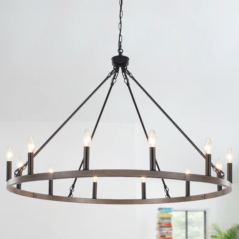 12-light Rustic Farmhouse Wagon Wheel Chandelier for Living Room - W37.99" x H90.55" - N/A - Black+Imitation Wood Grain