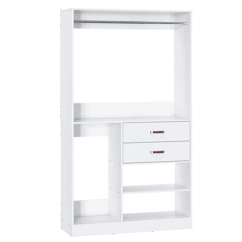 Vryon 40''W Freestanding Closet Organizer with Hanging Rod, Closet System Wardrobe with Wood Drawers - White
