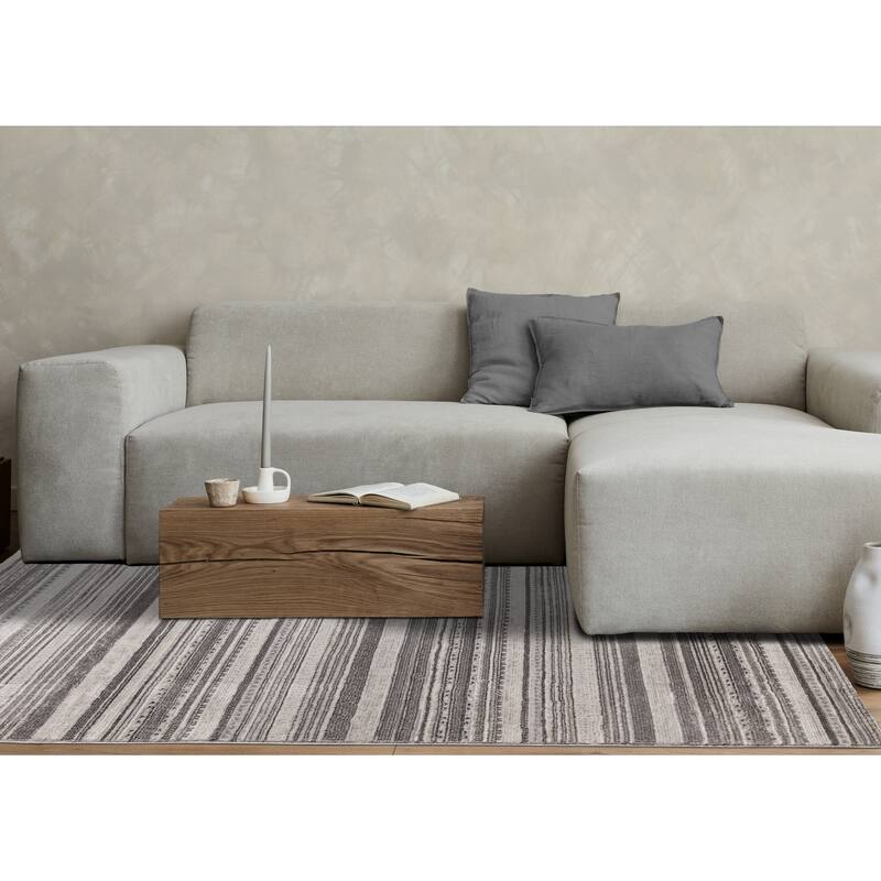 Zuri Collection - Soft Textured Grey White Patterened Rows Rug