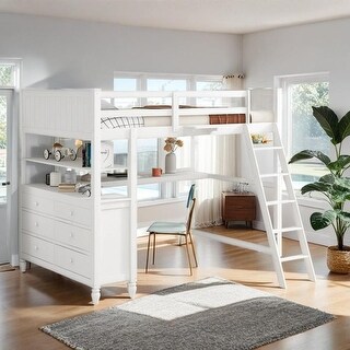 Full size Loft Bed with Drawers, Built-in Desk and Shelves, White