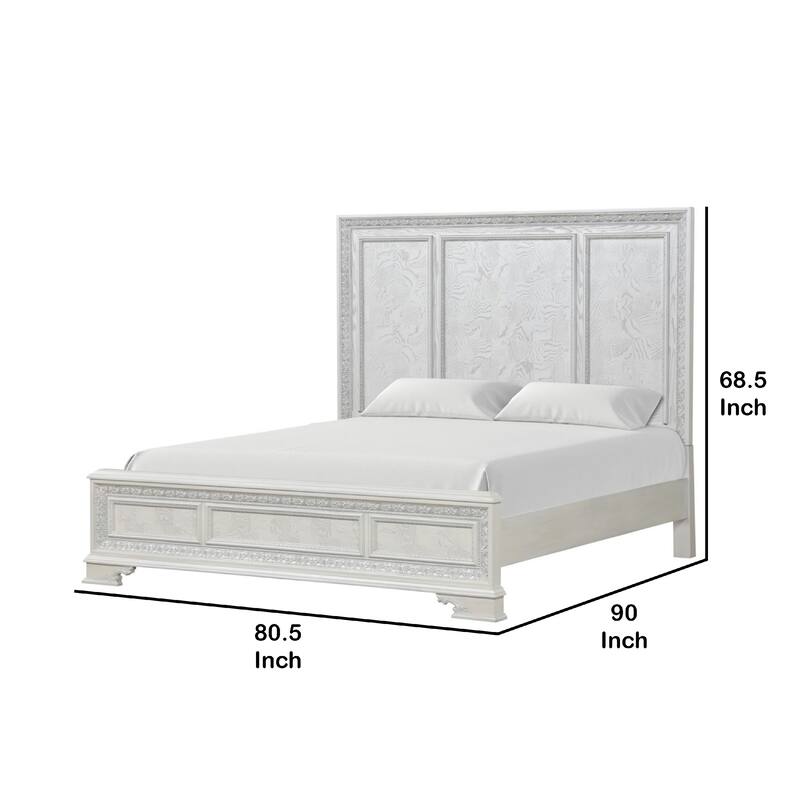 Miamy King Bed, Creamy White Wood, Panel Design, Silver Brushed Accents