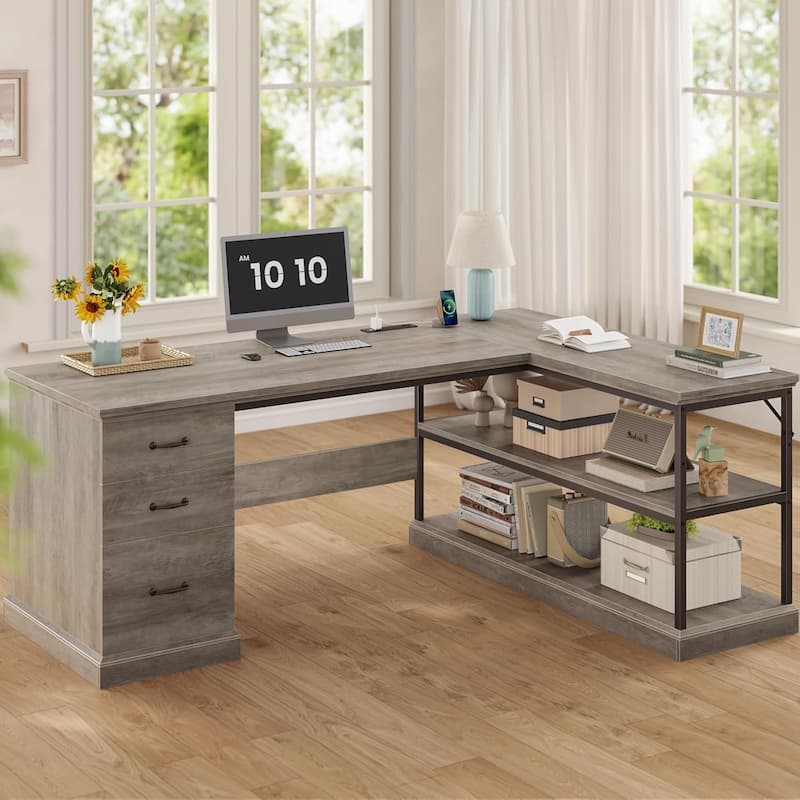 L Shaped Desk Drawers Storage Shelves Executive Home Office Desk - 29.5" - Grey