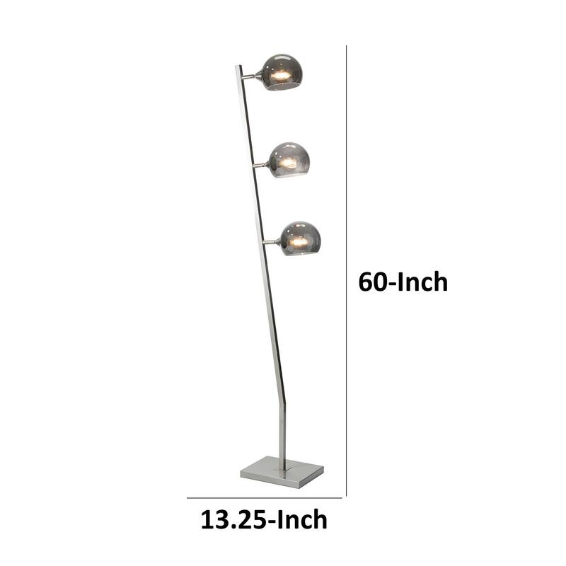 60 Inch Floor Lamp, 3 Dome Glass Shades, Accent Square Metal Base, Nickel