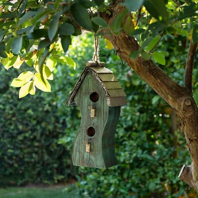 Alpine Corporation 17" Tall Outdoor Artful Swirly Hanging Wooden Birdhouse, Green