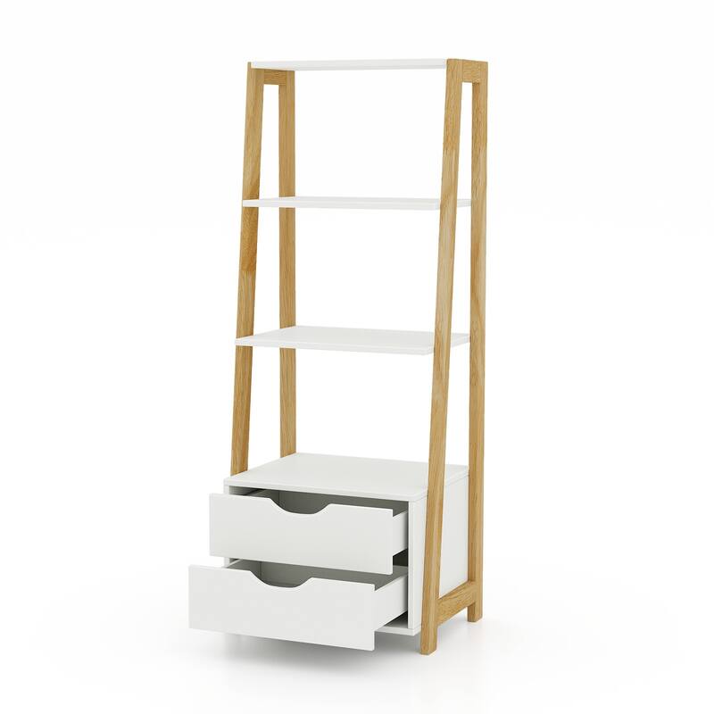 Space-Saving 4-Tier Ladder Shelf Organizer with Dual Drawers - 20.5" x 15.6" x 52.44" (L x W x H)