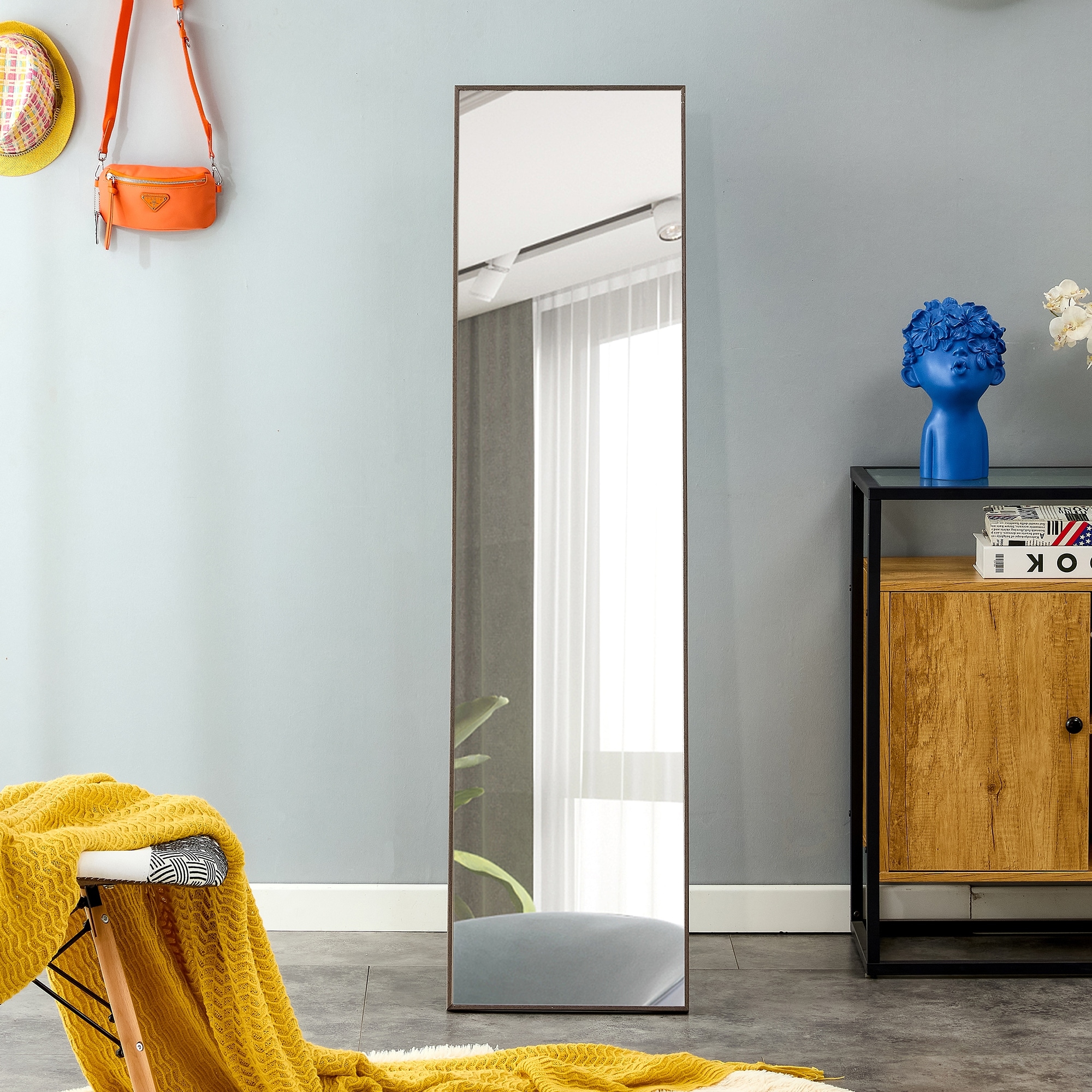 3rd generation gray solid wood frame full length mirror, dressing mirror, bedroom porch, decorative mirror