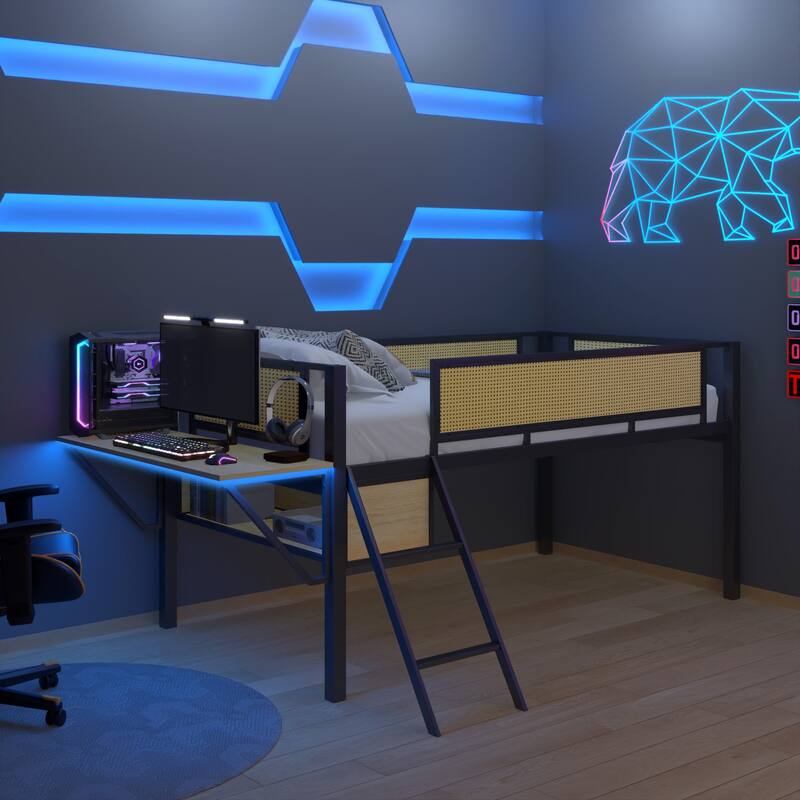 Metal Loft Bed with Desk, LED Lights & Storage