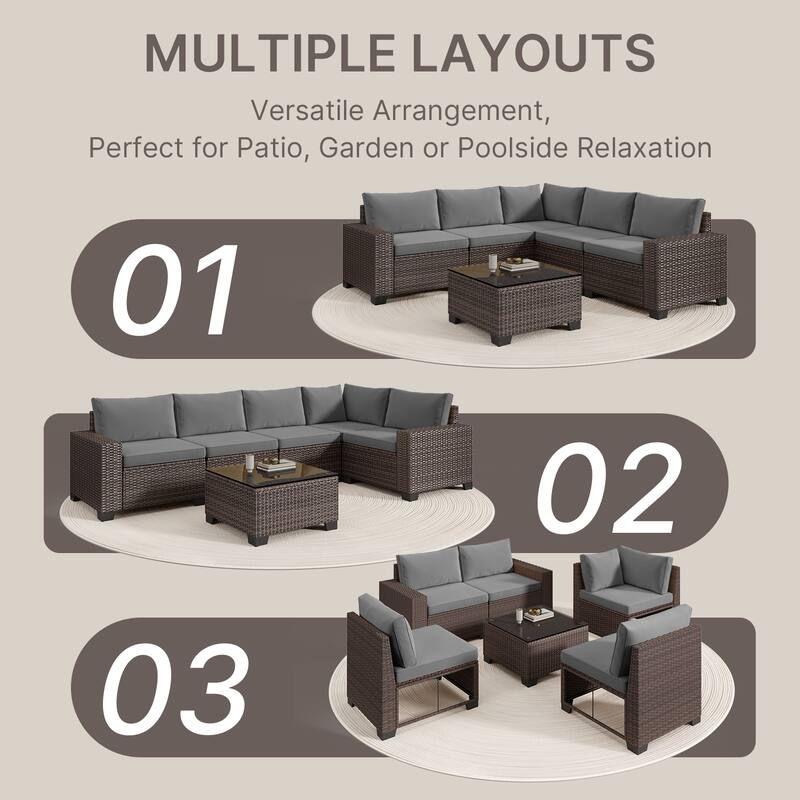 6-Piece Outdoor Patio Furniture Set, PE Wicker Rattan Sectional Sofa Conversation Set with Thickened Cushions and Coffee Table