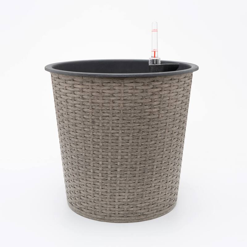GDFStudio - Farmhouse 13" Wicker Smart Self-Watering Round Planter with Water Level Indicator for Indoor and Outdoor Use - 13.4"