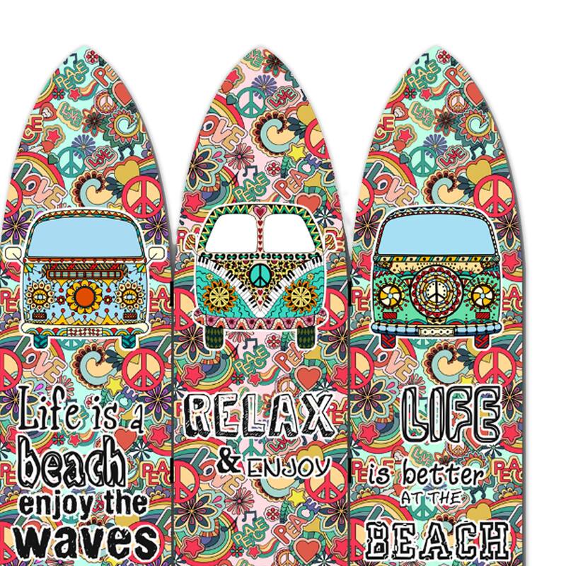 Beach Themed Surfboard Shaped 3 Panel Room Divider, Multicolor