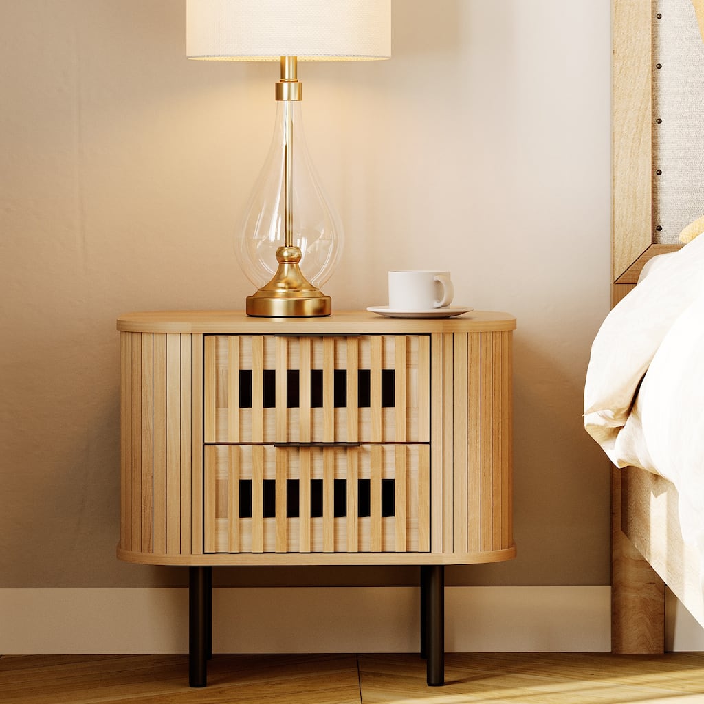 WAMPAT Fluted Nightstand with 2 Drawers,Wood End Table for Bedroom, Living Room