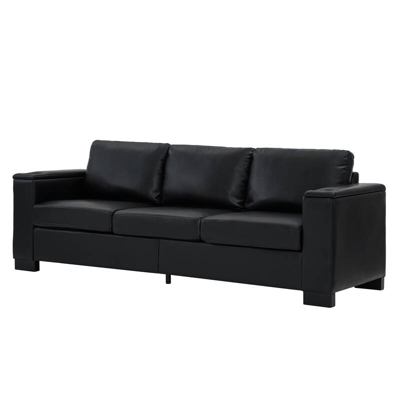 Faux Leather Upholstered Loveseat, Oversized 3 Seater Sofa with Square Arms, Deep Seat Sofa with Cup Holder & Storage