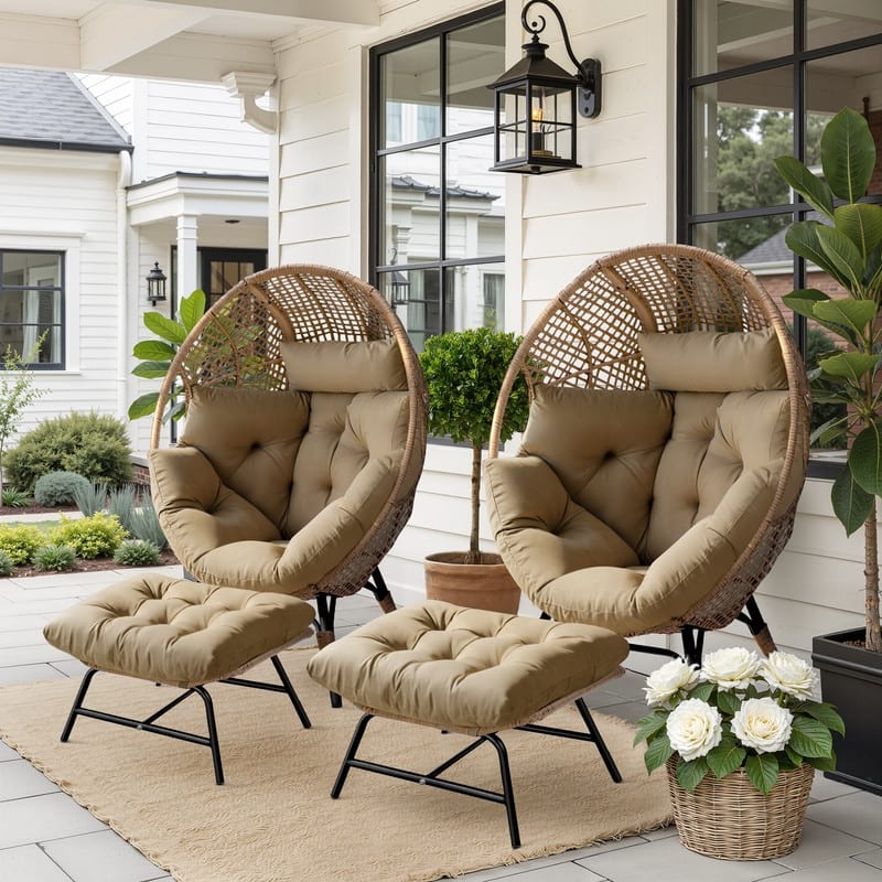 FINCATI Outdoor Wicker Egg Chair with Ottoman Cushions 440 lb Capacity - 2 PCS-Brown-New