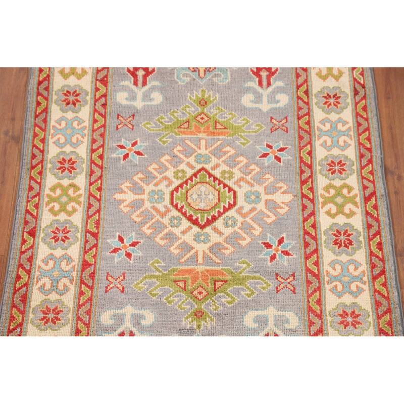 Gray Geometric Kazak Oriental Accent Rug Handmade Wool Carpet - 2'8" x 3'11"