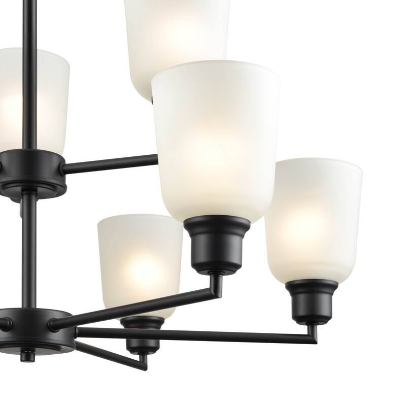 Millennium Lighting Amberle 2 Tier Brushed Nickel or Matte Black 9 Light Chandelier with Frosted White Shades