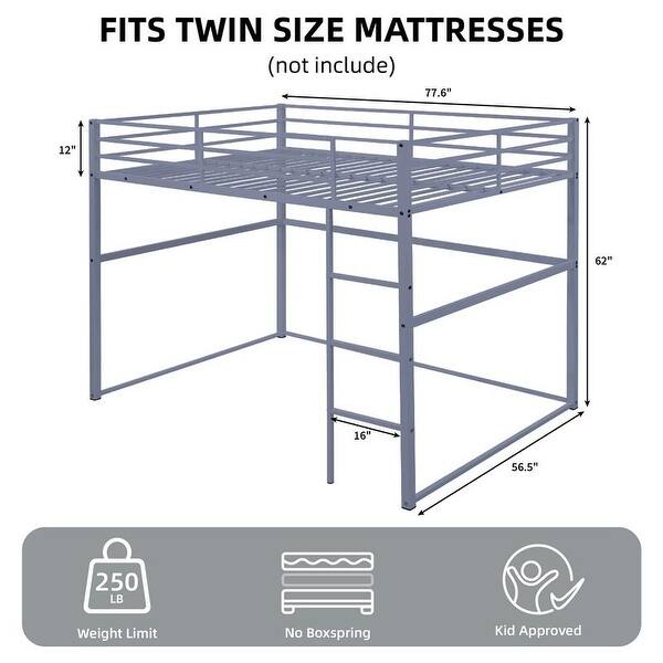 dimension image slide 1 of 2, Metal Loft Bed Full Size, Loft Bed Frame with Safety Guard Rails & Flat Ladder, Twin Loft Bed for Kids Teens Adults