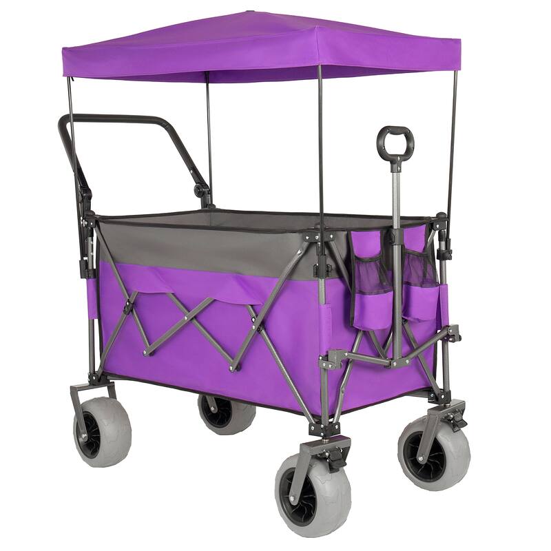Multi-Functional Push-Pull Folding Wagon Cart with Rotating Handle & Canopy, 9"x4" Beach Tires, 300L Large Capacity