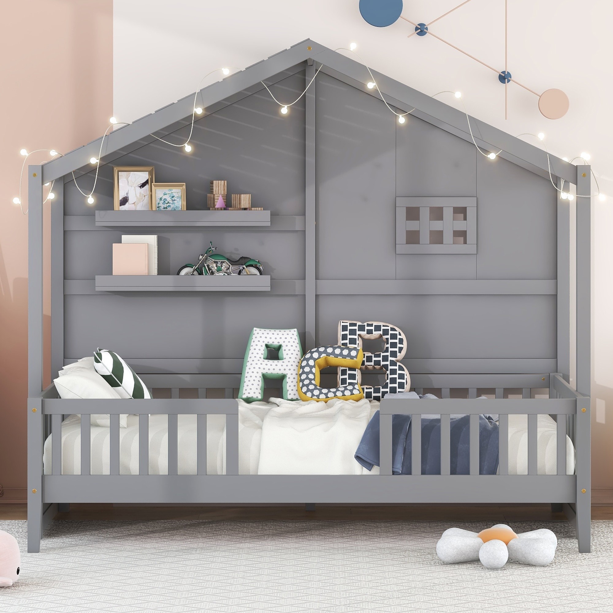 Twin Size House Bed with Shelves Montessori Bed with Window and Sparkling Light Strip on the Roof White