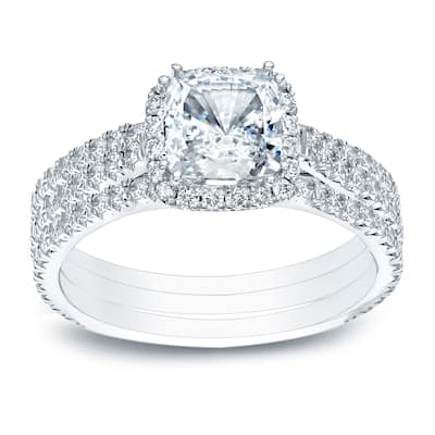 Auriya 2 2/5ctw Cushion-cut Halo Diamond Engagement Ring 3pc Set 14k Gold