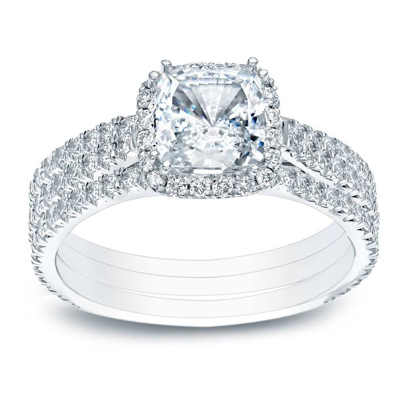 Auriya 2 2/5ctw Cushion-cut Halo Diamond Engagement Ring 3pc Set 14k Gold - White - 4