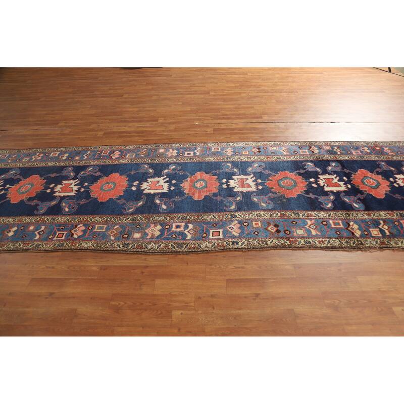 Hand Knotted Oriental 100% Wool Carpet Traditional Floral Navy Blue & Blues Heriz Runner Rug - 14' 9'' X 3' 9''