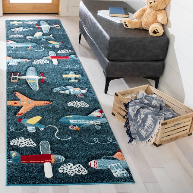 SAFAVIEH Carousel Kids Ardak Airplane Rug - 2'3" x 10' Runner - Navy/Ivory