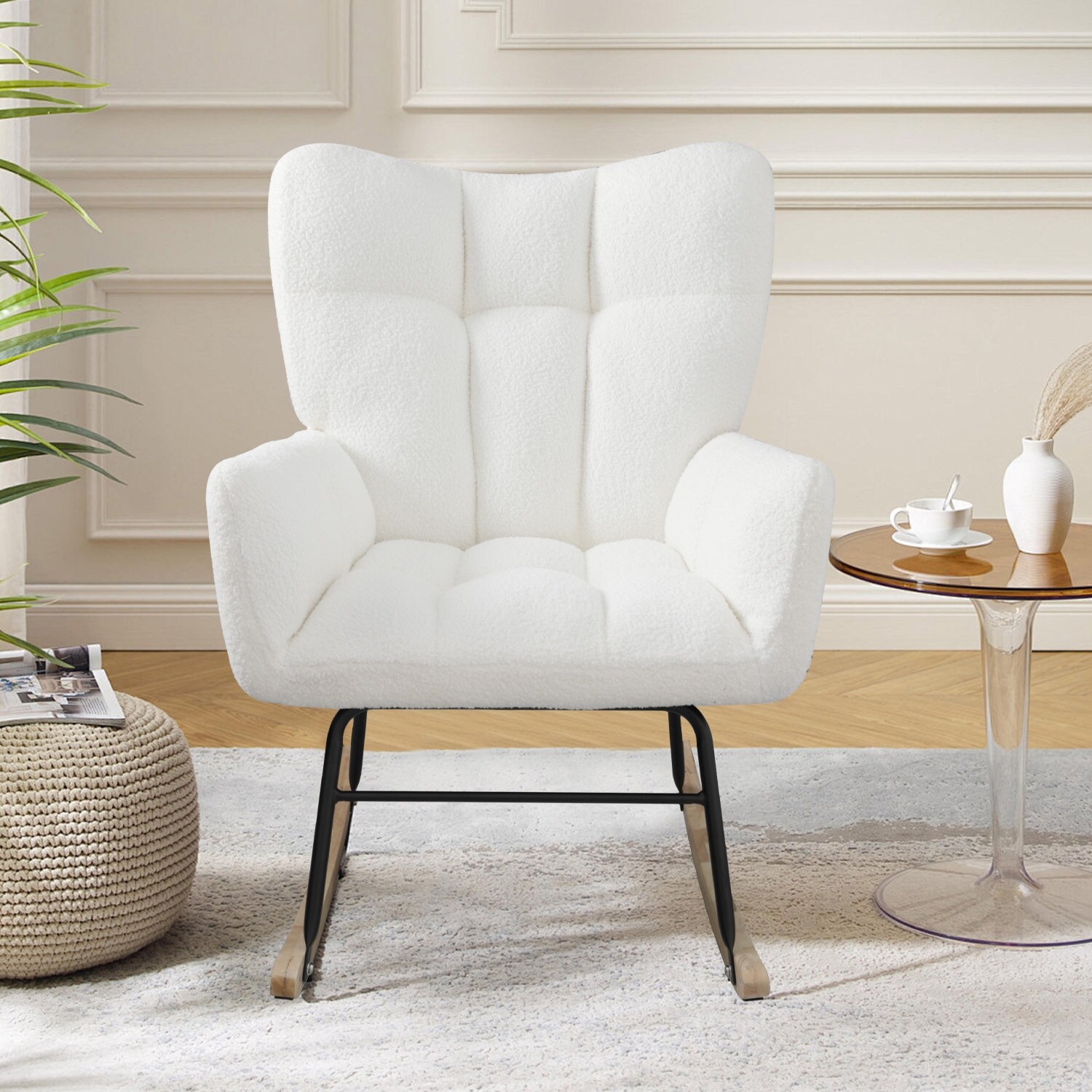 055 Teddy Fabric Upholstered Nursery Rocking Glider Chair Mid Century Modern Accent Arm Chair Padded Seat With High Backrest And Pillows For Living