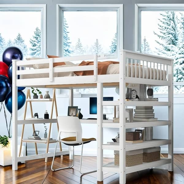 slide 2 of 14, Full Size Loft Bed with Workstation, Desk and Shelves for Bedroom, Dorm White