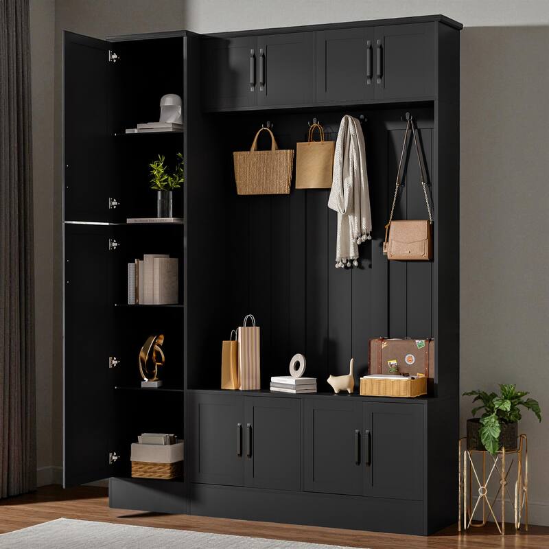 79'' Tall Modern 4-in-1 Hall Tree with Bench, 6 Cabinets, Adjustable Shelves & Coat Hooks for Entryway, Hallway, Living Room