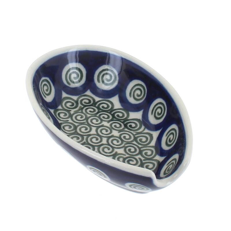 Blue Rose Polish Pottery 381 Ceramika Artystyczna Small Spoon Rest - Peacock Swirl