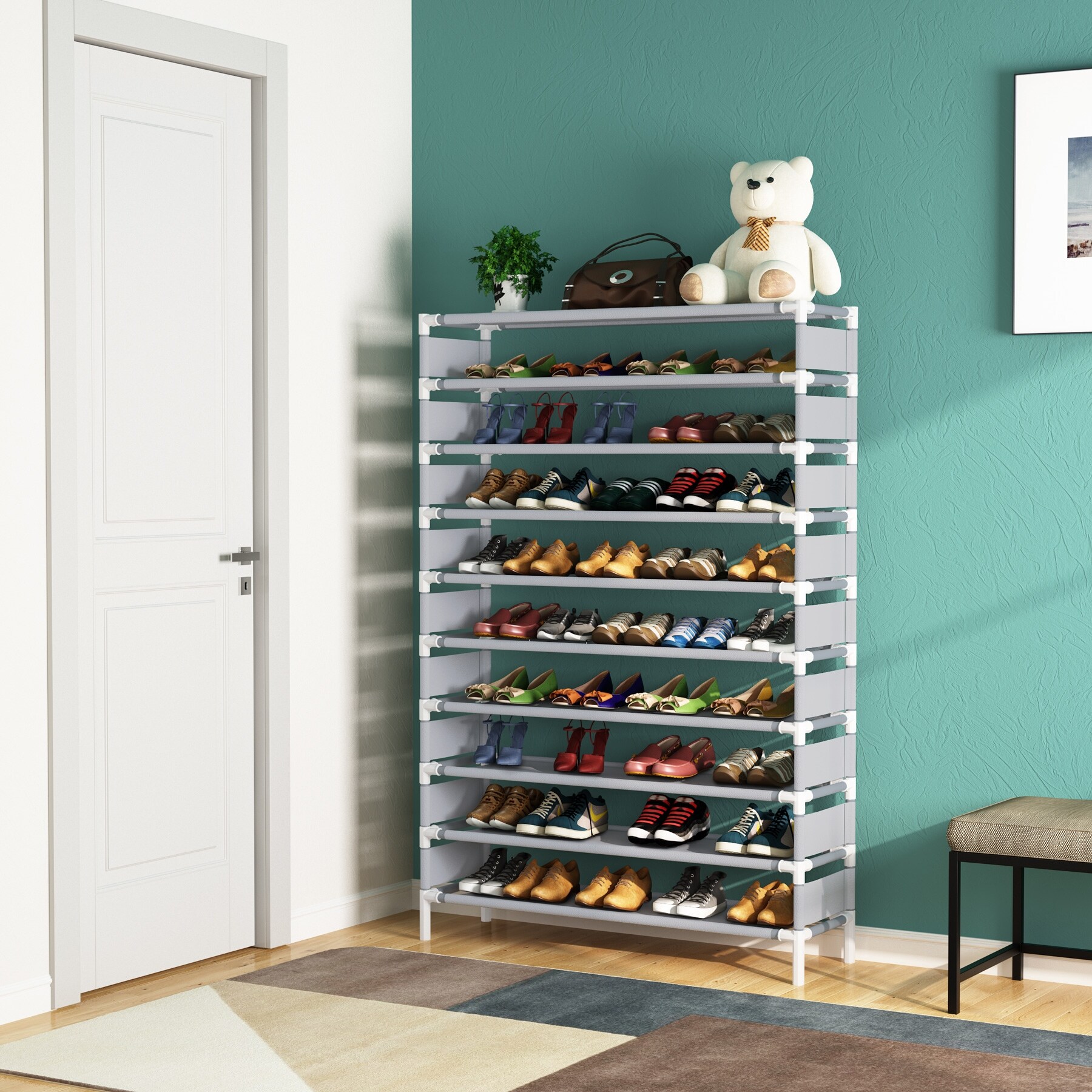 OYREL Shoes Rack 10 Tier Tall Narrow Shoe Rack with Bin Covered Shoe Shelf Storage Organizer Closet Stackable Shoe Stand