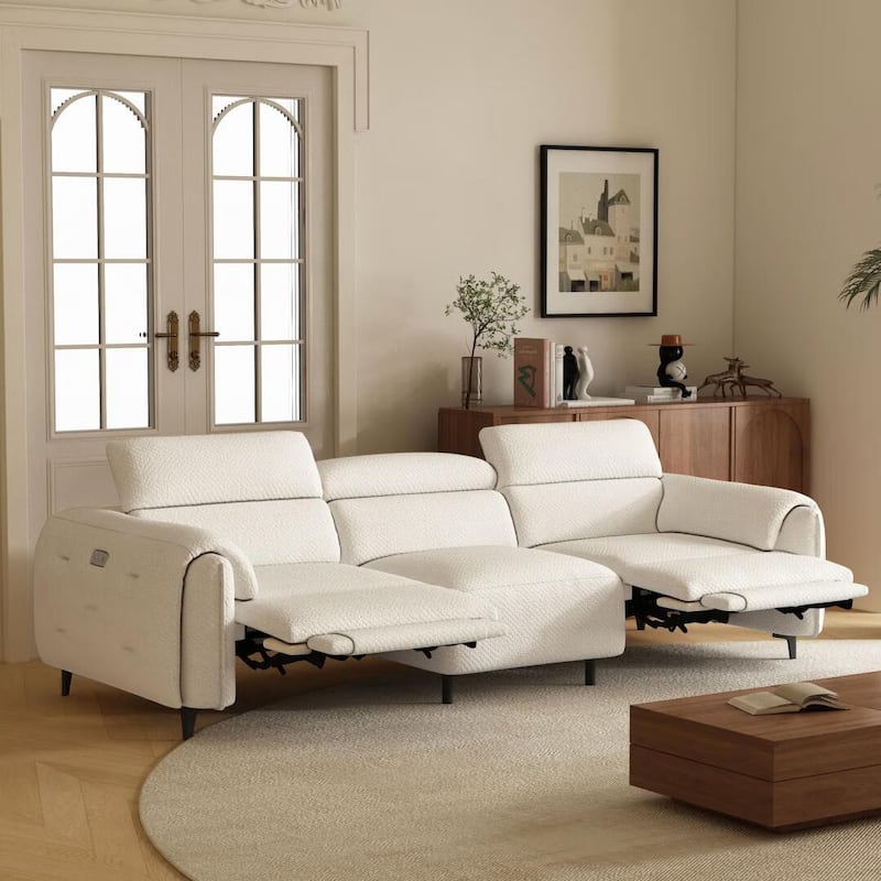 Ivory Fabric Recliner Sofa with Pillow-Style Armrests, Dual Electric Footrests, and USB Charging Port