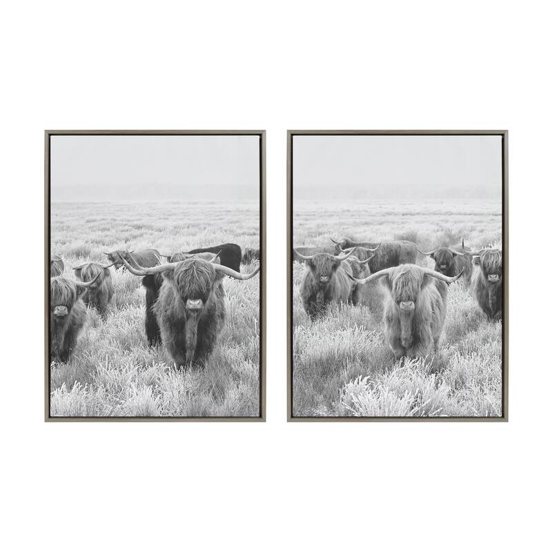 Kate and Laurel Sylvie Herd Cow Framed Canvas by Creative Bunch Studio - 2 Piece Set 28x38 - Grey