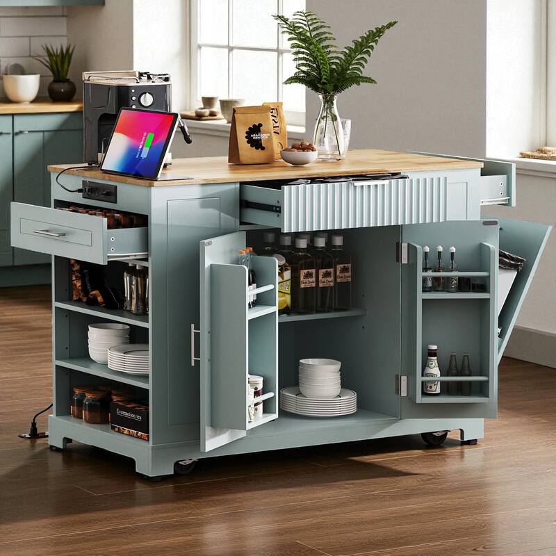47" Fluted Kitchen Island with Trash Can Cabinet, Power Outlet, Rubber Wood Top, Rolling Storage Cart with Drawers & Side Racks