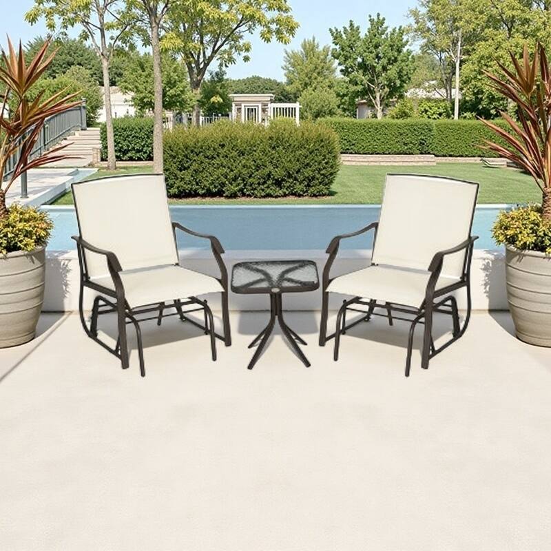 3-Piece Outdoor Rocking Glider Set with Glass Side Table, Cream White Patio Chairs with Breathable Mesh and Steel Frame - Cream White