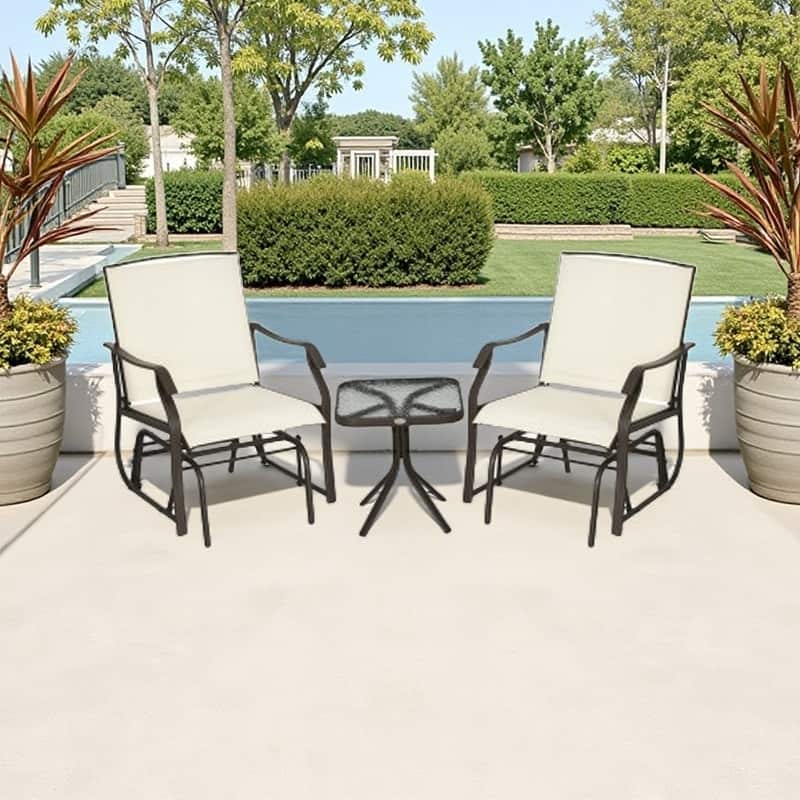 3-Piece Outdoor Rocking Glider Set with Glass Side Table, Cream White Patio Chairs with Breathable Mesh and Steel Frame