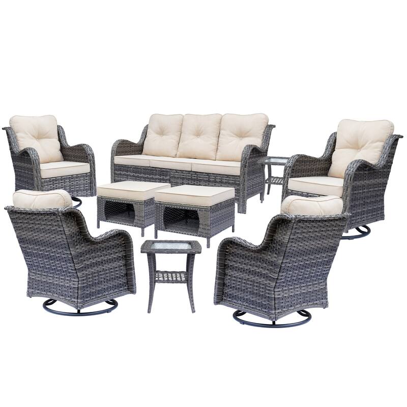 Gray Rattan Outdoor Patio Conversation Sets with Swivel Rocker Chairs