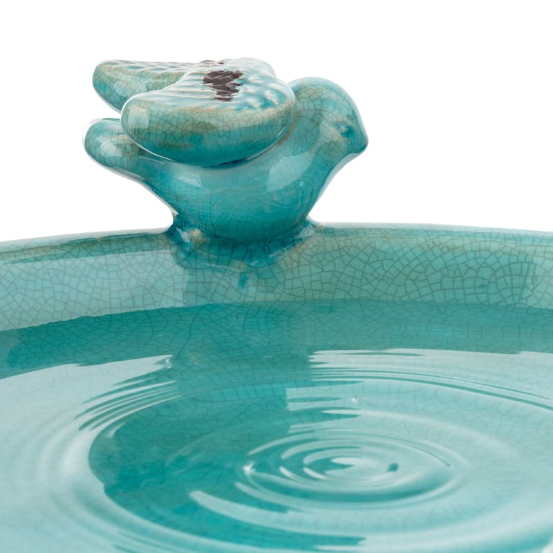 Alpine Corporation 25" Tall Turquoise Antique Ceramic Bird Bath with Two Birds